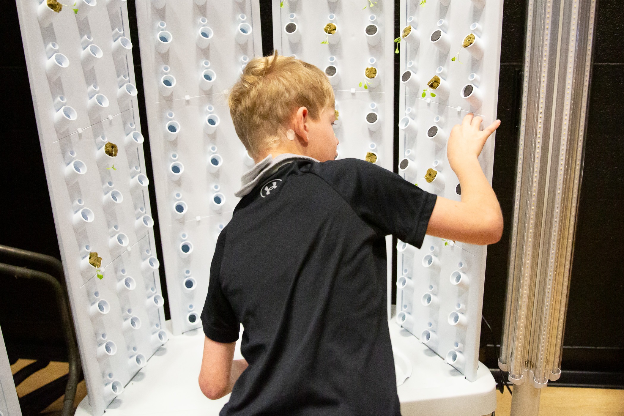 student places seedling in hydroponic farm